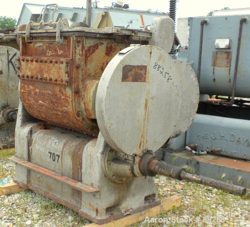 Used Baker Perkins Double Arm Mixer, Model 15, 100 Gallon Capacity, Carbon Steel.  Jacketed bowl 33" left to right x 38" front to back x approximately 30" deep. Tangential sigma blades, geared one en...