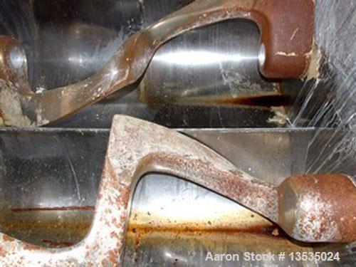 Used Baker Perkins M58 Double Arm Z-Blade Mixer. Mild steel, double jacketed, total capacity 264 gallons (1000 liters), working capacity 198 gallons (750 liters), 35 hp/25 kW, 1460/400 rpm, 220/380V,...