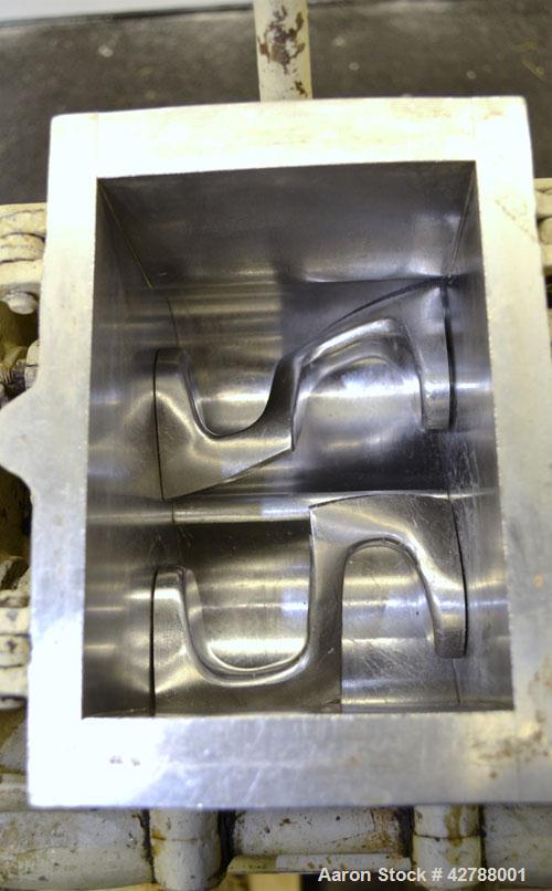 Used Baker Perkins Lab Size Double Arm Mixer, Approximate (0.75) Gallon Working Capacity, 316 Stainless Steel. Carbon steel jacketed bowl 5-1/4" left to right x 7-1/4" front to back x 5-3/4" deep. Ta...