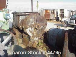 USED:Baker Perkins 100 gal double arm mixer. Stainless steel.Jacketed bowl and ends (est 80 psi). Bowl 28" L-R x 43" F-B, approx38" deep. Dispersion blades tangential. Geared one end. Screw tiltw/app...