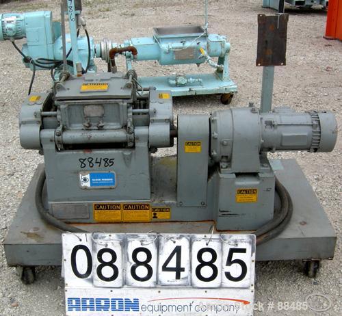 USED: Baker Perkins lab size double arm mixer, 2.25 gallon capacity, 316 stainless steel. Carbon steel jacketed bowl 10" left to right x 11-3/16" front to back x approximately 8-3/4" deep, rated 80 p...