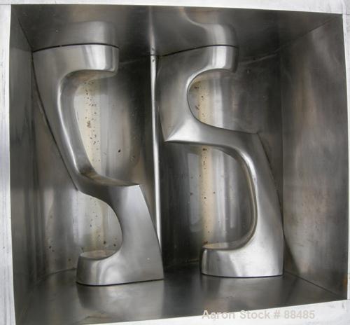 USED: Baker Perkins lab size double arm mixer, 2.25 gallon capacity, 316 stainless steel. Carbon steel jacketed bowl 10" left to right x 11-3/16" front to back x approximately 8-3/4" deep, rated 80 p...
