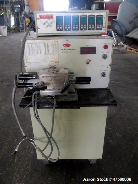 Used Brabender Laboratory Mixer System. Drive system Type DR-2072, 7.5hp DC motor with controller, Haake mixing head, (6) eurotherm controllers. Serial# 0123/PE.