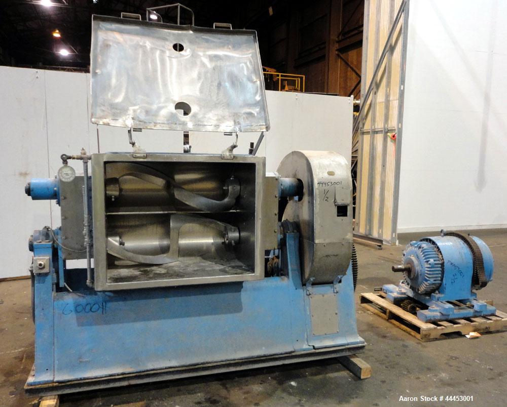 Used J.H Day Imperial Double Arm Mixer, Model 30, 304 Stainless Steel. 50 Gallon working capacity. Carbon steel jacketed bowl 36” left to right x 28” front to back x approximately 19” deep, rated 125...