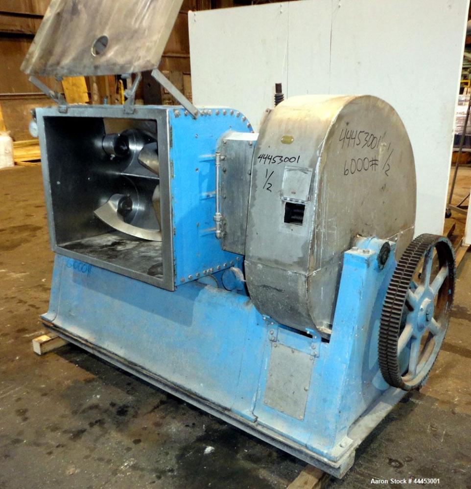 Used J.H Day Imperial Double Arm Mixer, Model 30, 304 Stainless Steel. 50 Gallon working capacity. Carbon steel jacketed bowl 36” left to right x 28” front to back x approximately 19” deep, rated 125...