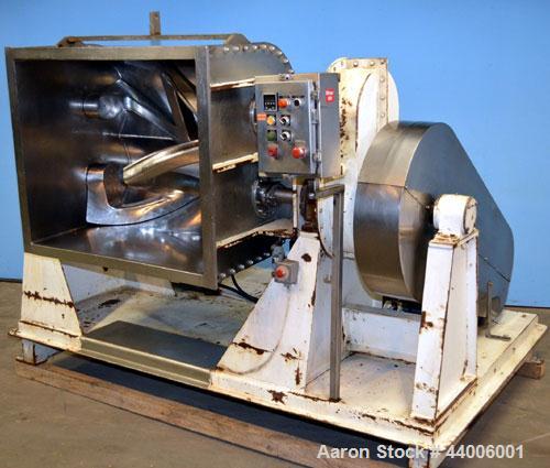 Used J.H. Day Double Arm Mixer, 150 gallon working capacity, 225 total, 304 stainless steel.  Non-jacketed bowl 46" left to right x 38-1/2" front to back x approximately 31" deep.  Overlapping sigma ...