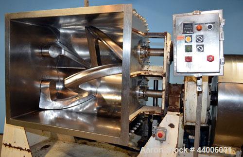Used J.H. Day Double Arm Mixer, 150 gallon working capacity, 225 total, 304 stainless steel.  Non-jacketed bowl 46" left to right x 38-1/2" front to back x approximately 31" deep.  Overlapping sigma ...