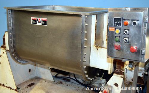 Used J.H. Day Double Arm Mixer, 150 gallon working capacity, 225 total, 304 stainless steel.  Non-jacketed bowl 46" left to right x 38-1/2" front to back x approximately 31" deep.  Overlapping sigma ...