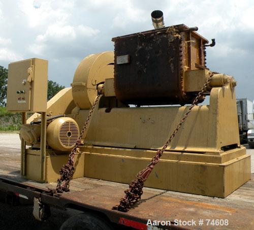Used J.H. Day Double Arm Mixer, 50 gallon Working Capacity, Carbon Steel. Jacketed bowl 36" left to right x 28" front to back x approximately 27" deep, rated 125 psi at 353 deg F. Tangential sigma bl...