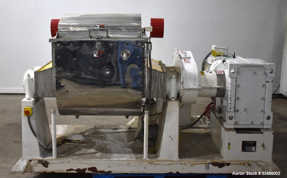 Used Jaygo Inc. Sigma Blade Mixer, Model ASBM-200, 52.83 Gallon/ 200 Liter.  Stainless steel. Tangential Blades. Jacketed bowl with top cover. Driven by 25hp, 3/60/230/480 volt, 1775 rpm motor. Contr...