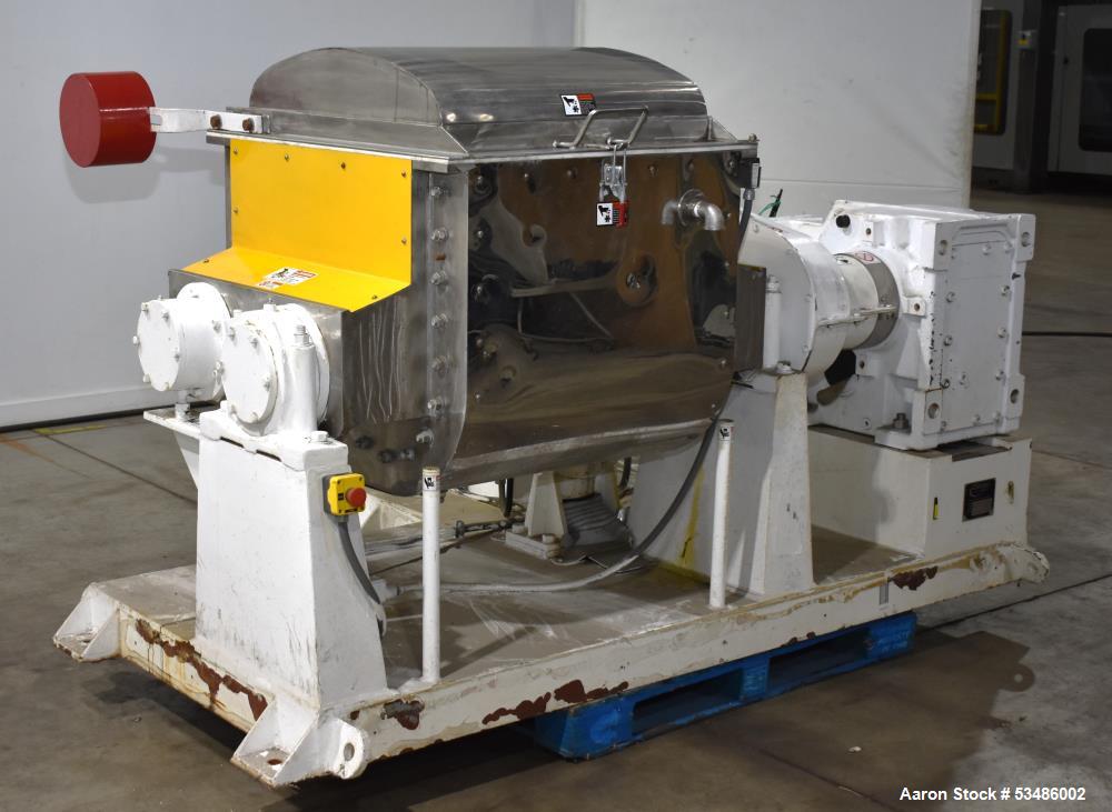 Used Jaygo Inc. Sigma Blade Mixer, Model ASBM-200, 52.83 Gallon/ 200 Liter.  Stainless steel. Tangential Blades. Jacketed bowl with top cover. Driven by 25hp, 3/60/230/480 volt, 1775 rpm motor. Contr...