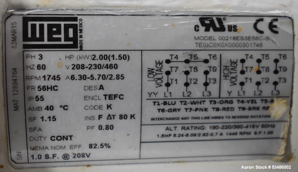 Used Jaygo Inc. Sigma Blade Mixer, Model ASBM-200, 52.83 Gallon/ 200 Liter.  Stainless steel. Tangential Blades. Jacketed bowl with top cover. Driven by 25hp, 3/60/230/480 volt, 1775 rpm motor. Contr...