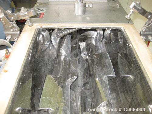 Used LCI Continuous Kneader, model CKDJS-10. 304 stainless steel product contact parts, balance in painted carbon steel, 10 liter working volume, adjustable discharge weir, clamped lids with limit sw...