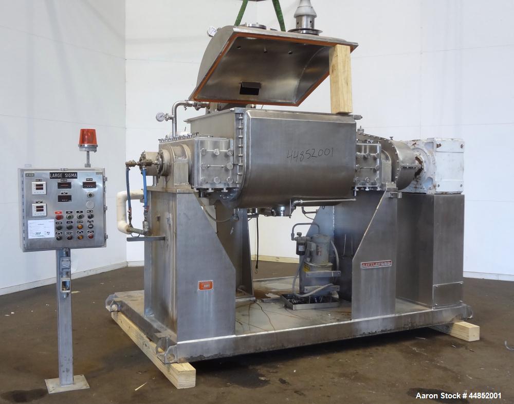 Used Littleford Day Sanitary Mogul Double Arm Mixer, Model 100.  100 Gallon working capacity (150 total), 304 stainless steel on product contact areas. Jacketed bowl 40" left to right x 42" front to ...