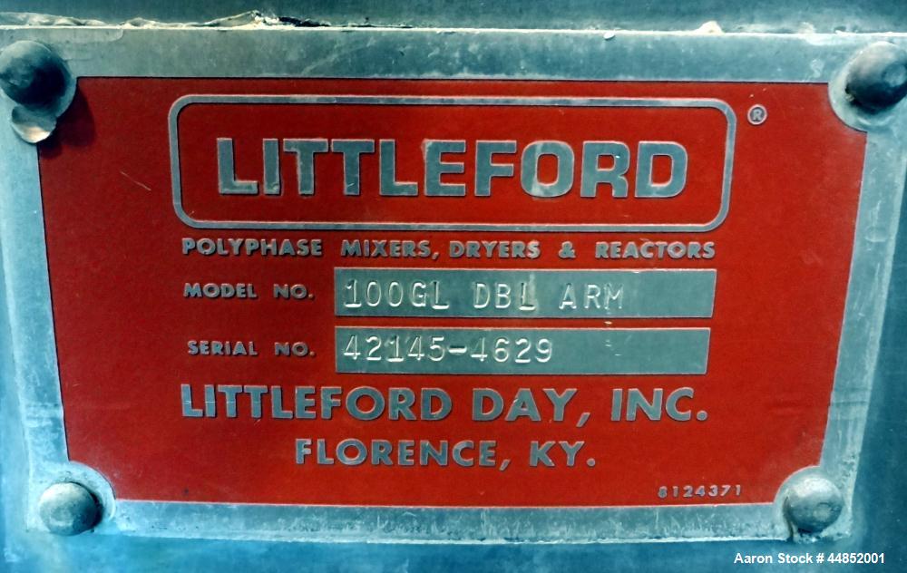 Used Littleford Day Sanitary Mogul Double Arm Mixer, Model 100.  100 Gallon working capacity (150 total), 304 stainless steel on product contact areas. Jacketed bowl 40" left to right x 42" front to ...