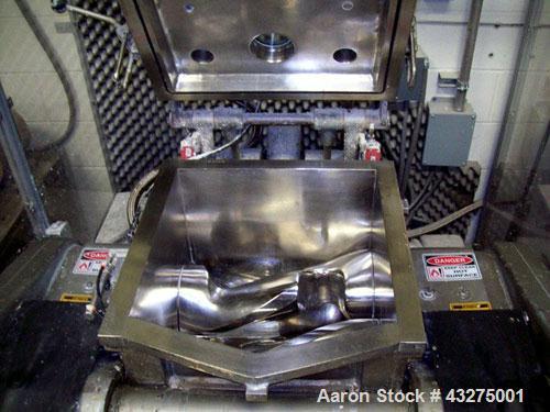 Used Meili Double Arm Sigma Mixer, 15 gallon capacity.  Stainless steel construction. Jacketed bowl measures 19" L-R x 19" F-B x 16" deep. Sigma tangential blades, heavy duty construction. Single hyd...