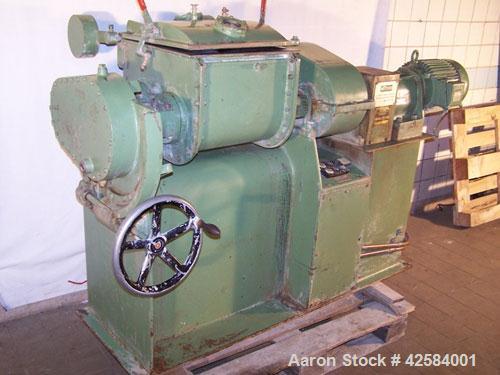 Used Netzsch Double Arm Mixer. Material of construction is stainless steel on product contact parts. Capacity 9.26 gallons (36 liters). Non-jacketed bowl and rated for vacuum (-1). Z-blades. 6.6 hp/4...