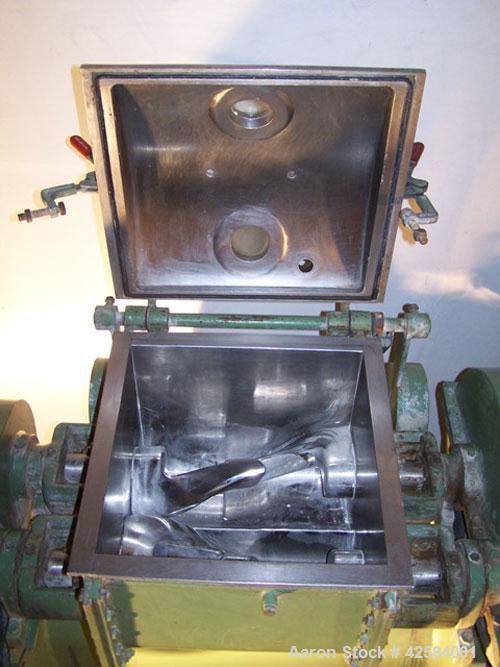 Used Netzsch Double Arm Mixer. Material of construction is stainless steel on product contact parts. Capacity 9.26 gallons (36 liters). Non-jacketed bowl and rated for vacuum (-1). Z-blades. 6.6 hp/4...