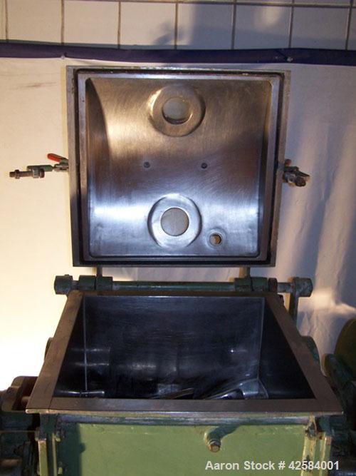 Used Netzsch Double Arm Mixer. Material of construction is stainless steel on product contact parts. Capacity 9.26 gallons (36 liters). Non-jacketed bowl and rated for vacuum (-1). Z-blades. 6.6 hp/4...
