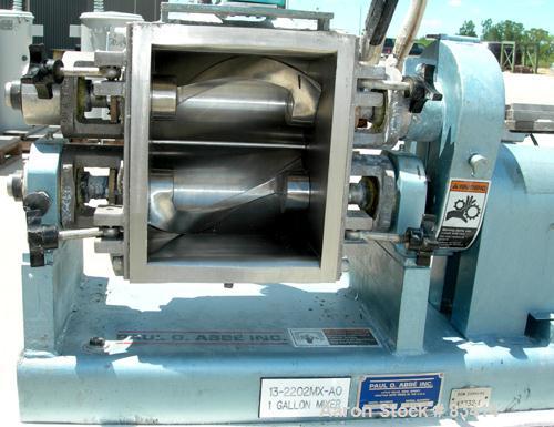 USED: Paul O Abbe lab size double arm mixer, .7 gallon working capacity, 1 total, 304 stainless steel. Internal #4 polish and rated FV and 14.7 psi at 360 deg F. Carbon steel jacketed bowl 8-1/2" fro...