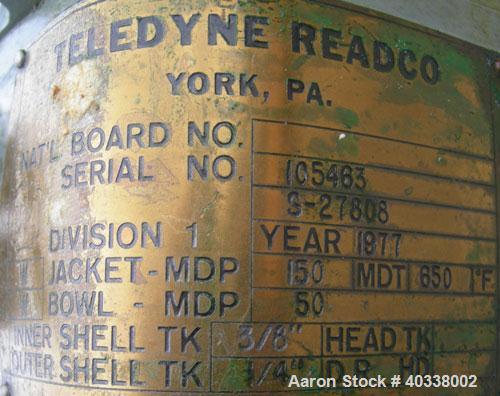 Used Teledyne Readco lab size double arm mixer, size 1 qt (.25 gallon), 316 stainless steel. Carbon steel jacketed bowl, 9 1/8" left to right x 5 13/16" front to back x 4 3/4" deep, rated 150 psi at ...