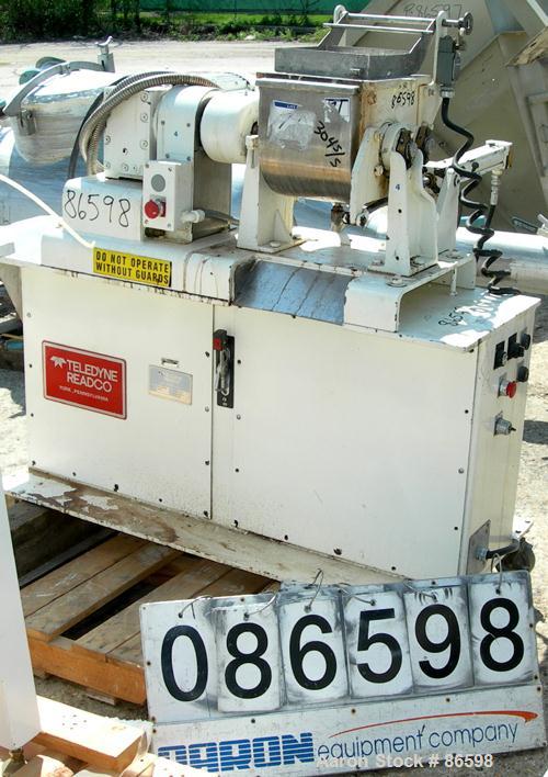 Used Teledyne Readco Double Arm Lab Mixer, 1.5 Gallon Capacity, 304 Stainless Steel. Jacketed bowl 9-1/16" left to right x 8-5/8" front to back x approximately 7-1/2" deep, rated 150 PSI at 650 Degre...