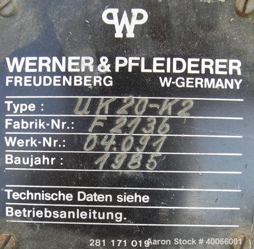 Used Werner & Pfleiderer Lab Size Double Arm Mixer, Model UK20-K2, 5.3 Gallon (20 liter) Working Capacity, 304 Stainless Steel Construction.  Carbon steel jacketed bowl 13 1/4" front to back x 11 3/4...