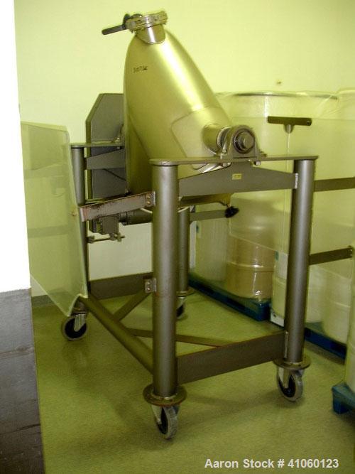 Used Patterson Kelley Twin Shell Crossflow Blender, 5 Cubic Feet, stainless steel construction, rated 106#/ cubic foot max material density, on stand with 1 hp 230/460 volt motor, serial #C429373.