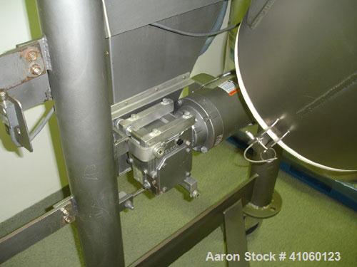 Used Patterson Kelley Twin Shell Crossflow Blender, 5 Cubic Feet, stainless steel construction, rated 106#/ cubic foot max material density, on stand with 1 hp 230/460 volt motor, serial #C429373.