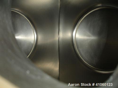 Used Patterson Kelley Twin Shell Crossflow Blender, 5 Cubic Feet, stainless steel construction, rated 106#/ cubic foot max material density, on stand with 1 hp 230/460 volt motor, serial #C429373.