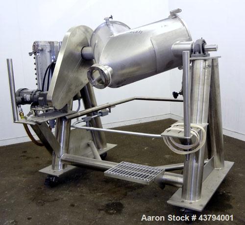 Used Evansville Sheet Metal Works Twin Sheel Blender, Model ESMW-5.0, 316 Stainless Steel. Approximate 18" diameter charge ports with Quick release covers. Approximate 6" center bottom outlet, no val...