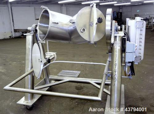 Used Evansville Sheet Metal Works Twin Sheel Blender, Model ESMW-5.0, 316 Stainless Steel. Approximate 18" diameter charge ports with Quick release covers. Approximate 6" center bottom outlet, no val...