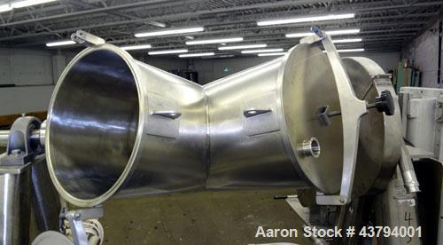 Used Evansville Sheet Metal Works Twin Sheel Blender, Model ESMW-5.0, 316 Stainless Steel. Approximate 18" diameter charge ports with Quick release covers. Approximate 6" center bottom outlet, no val...