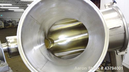 Used Evansville Sheet Metal Works Twin Sheel Blender, Model ESMW-5.0, 316 Stainless Steel. Approximate 18" diameter charge ports with Quick release covers. Approximate 6" center bottom outlet, no val...