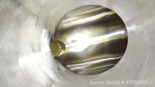 Used Evansville Sheet Metal Works Twin Sheel Blender, Model ESMW-5.0, 316 Stainless Steel. Approximate 18" diameter charge ports with Quick release covers. Approximate 6" center bottom outlet, no val...