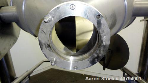 Used Evansville Sheet Metal Works Twin Sheel Blender, Model ESMW-5.0, 316 Stainless Steel. Approximate 18" diameter charge ports with Quick release covers. Approximate 6" center bottom outlet, no val...