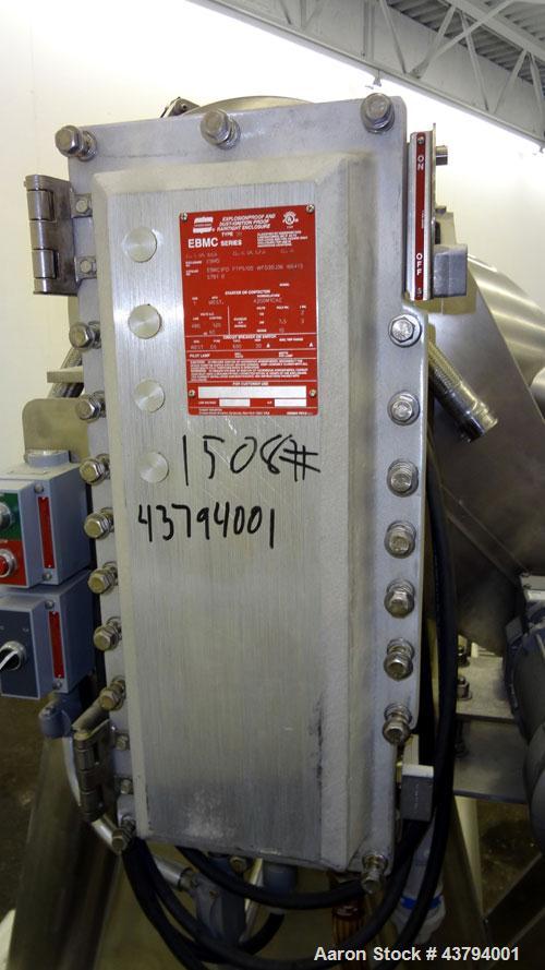 Used Evansville Sheet Metal Works Twin Sheel Blender, Model ESMW-5.0, 316 Stainless Steel. Approximate 18" diameter charge ports with Quick release covers. Approximate 6" center bottom outlet, no val...