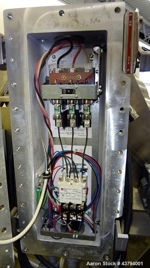 Used Evansville Sheet Metal Works Twin Sheel Blender, Model ESMW-5.0, 316 Stainless Steel. Approximate 18" diameter charge ports with Quick release covers. Approximate 6" center bottom outlet, no val...