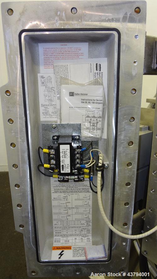 Used Evansville Sheet Metal Works Twin Sheel Blender, Model ESMW-5.0, 316 Stainless Steel. Approximate 18" diameter charge ports with Quick release covers. Approximate 6" center bottom outlet, no val...