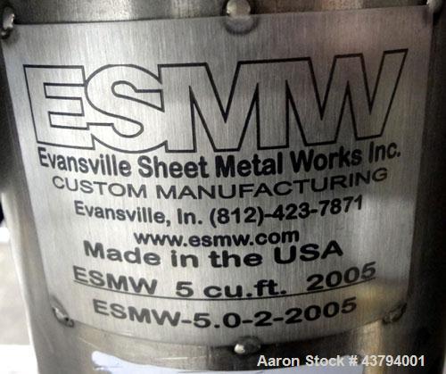 Used Evansville Sheet Metal Works Twin Sheel Blender, Model ESMW-5.0, 316 Stainless Steel. Approximate 18" diameter charge ports with Quick release covers. Approximate 6" center bottom outlet, no val...