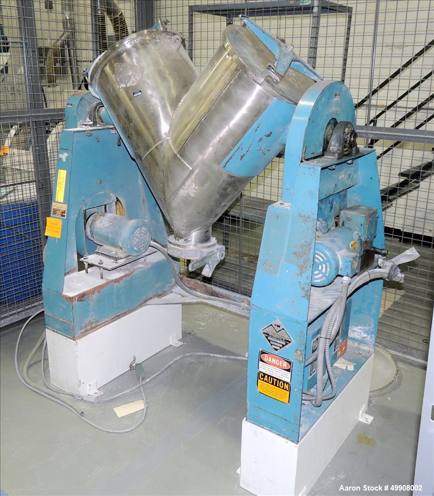 Used Patterson-Kelley Twin Shell Dry Blender, 3 Cubic Foot Capacity, Stainless Steel. 60 Pounds per Cubic Foot Maximum Material Density with Intensifier Bar and Controls. 16.5" Top Inlets, 6" Solids-...