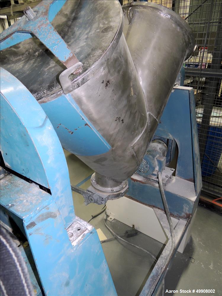 Used Patterson-Kelley Twin Shell Dry Blender, 3 Cubic Foot Capacity, Stainless Steel. 60 Pounds per Cubic Foot Maximum Material Density with Intensifier Bar and Controls. 16.5" Top Inlets, 6" Solids-...