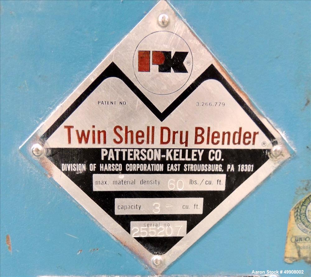 Used Patterson-Kelley Twin Shell Dry Blender, 3 Cubic Foot Capacity, Stainless Steel. 60 Pounds per Cubic Foot Maximum Material Density with Intensifier Bar and Controls. 16.5" Top Inlets, 6" Solids-...