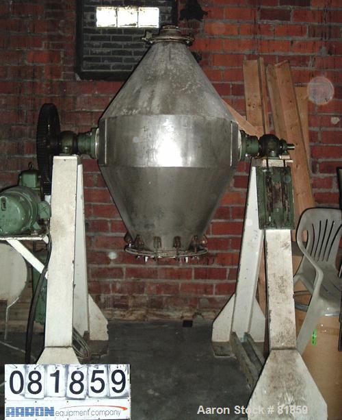USED: Double cone blender, approx 10 cu ft working capacity, 304 stainless steel. 36" diameter x 12" straight side x 24" cones. 16" diameter top port with cover, approx 6" center bottom outlet with v...