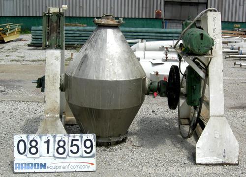 USED: Double cone blender, approx 10 cu ft working capacity, 304 stainless steel. 36" diameter x 12" straight side x 24" cones. 16" diameter top port with cover, approx 6" center bottom outlet with v...
