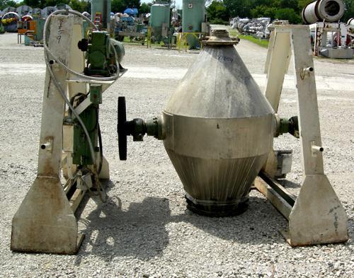 USED: Double cone blender, approx 10 cu ft working capacity, 304 stainless steel. 36" diameter x 12" straight side x 24" cones. 16" diameter top port with cover, approx 6" center bottom outlet with v...