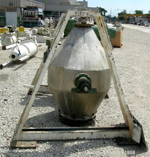 USED: Double cone blender, approx 10 cu ft working capacity, 304 stainless steel. 36" diameter x 12" straight side x 24" cones. 16" diameter top port with cover, approx 6" center bottom outlet with v...