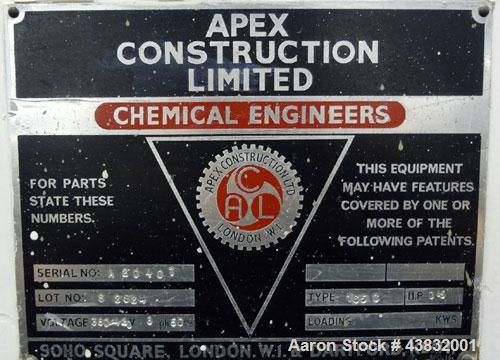 Used Apex Construction Limited Twin Shell Blender, approximately 4 cubic feet capacity, 321 stainless steel. (2) 15" diameter charge ports with quick release covers. Shell driven by a 1/2 hp, 3/60/38...