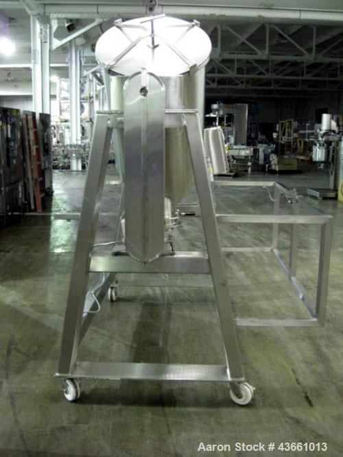 Used Bush Tank Fab Twin Shell Blender. 316 Stainless steel construction, rated 70#/cu ft max material density, provision for cantilevered bar less bar with 2 hp, 208 volt drive, main drive, 20" feed ...