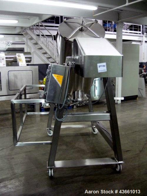 Used Bush Tank Fab Twin Shell Blender. 316 Stainless steel construction, rated 70#/cu ft max material density, provision for cantilevered bar less bar with 2 hp, 208 volt drive, main drive, 20" feed ...